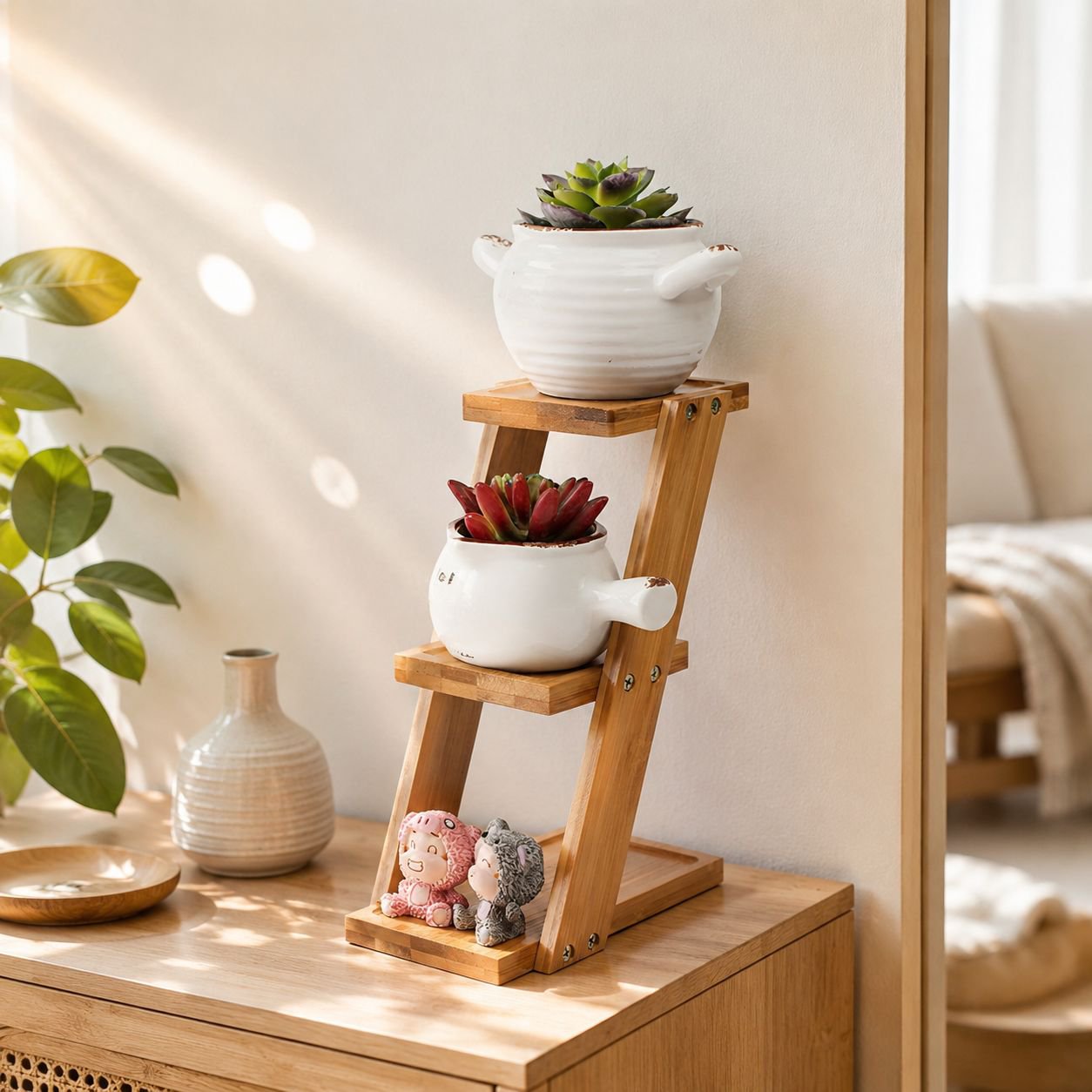 Desktop-Blumenständer aus Bambus für kleine Blumentöpfe