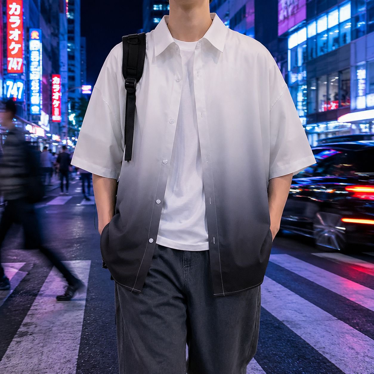 アイスシルク素材のメンズグラデーションカジュアル半袖シャツ