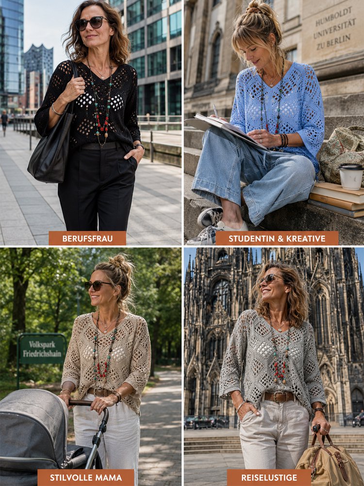 Damen-Boho-Top in Beige mit V-Ausschnitt und Häkeldetail