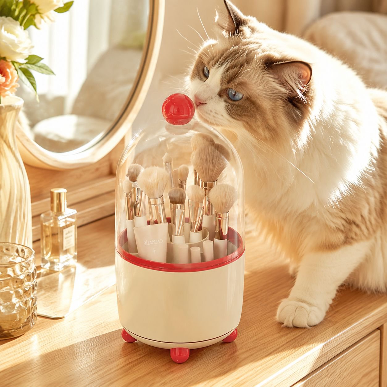 Transparent light luxury desktop cosmetic organizer with rotating bucket