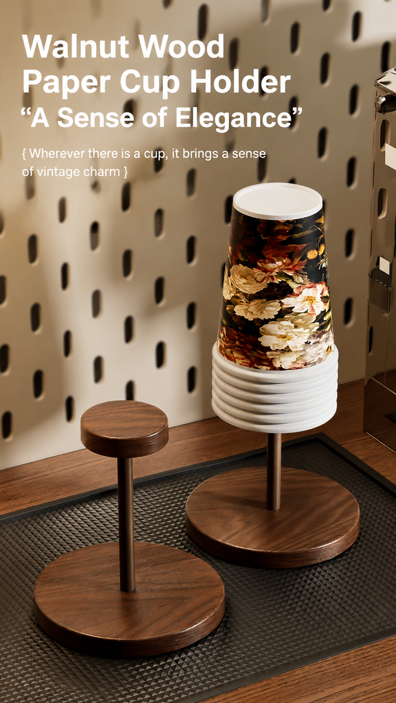 Walnut color solid wood paper cup holder on a kitchen counter