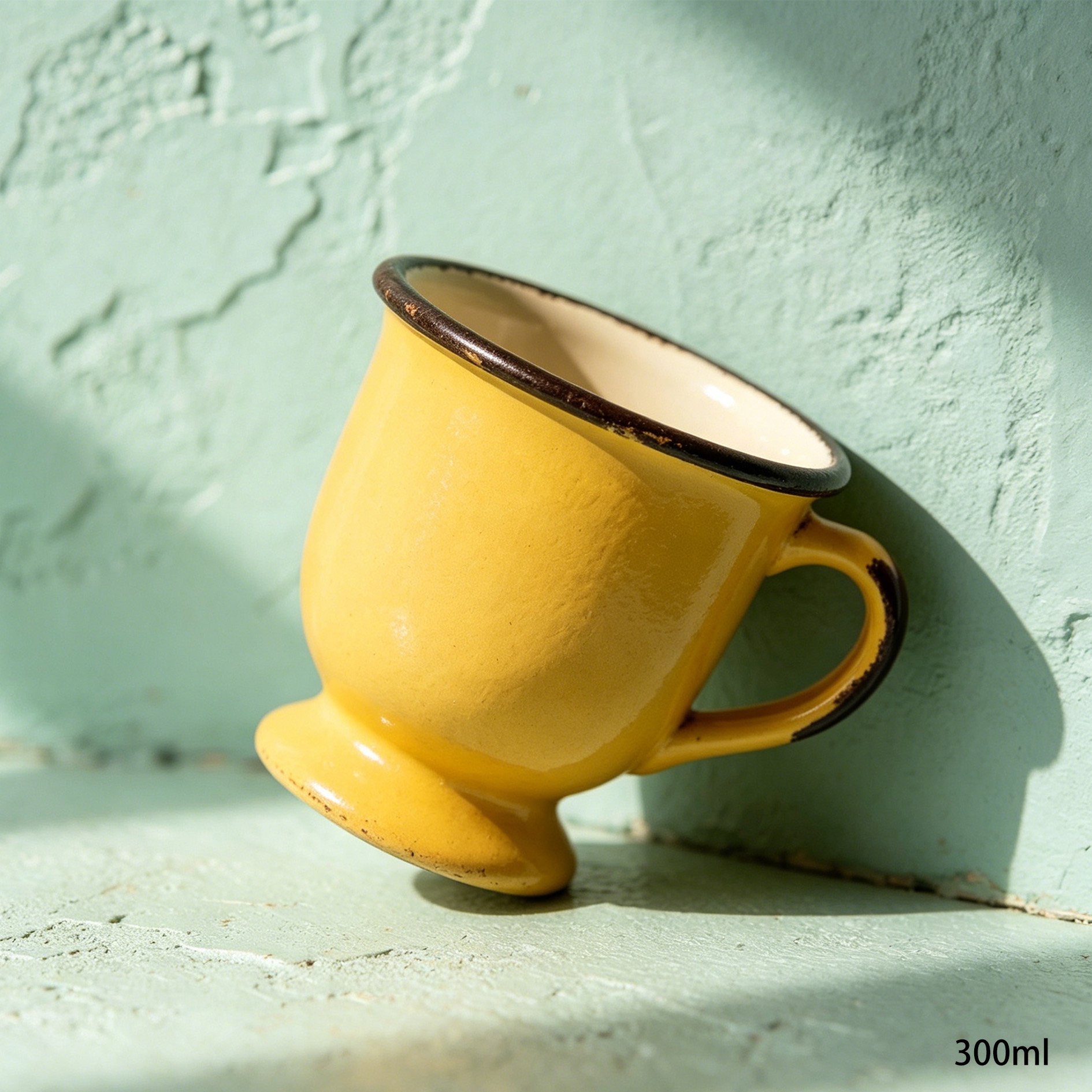 Mini enamel coffee cups with handles in a rustic kitchen setting
