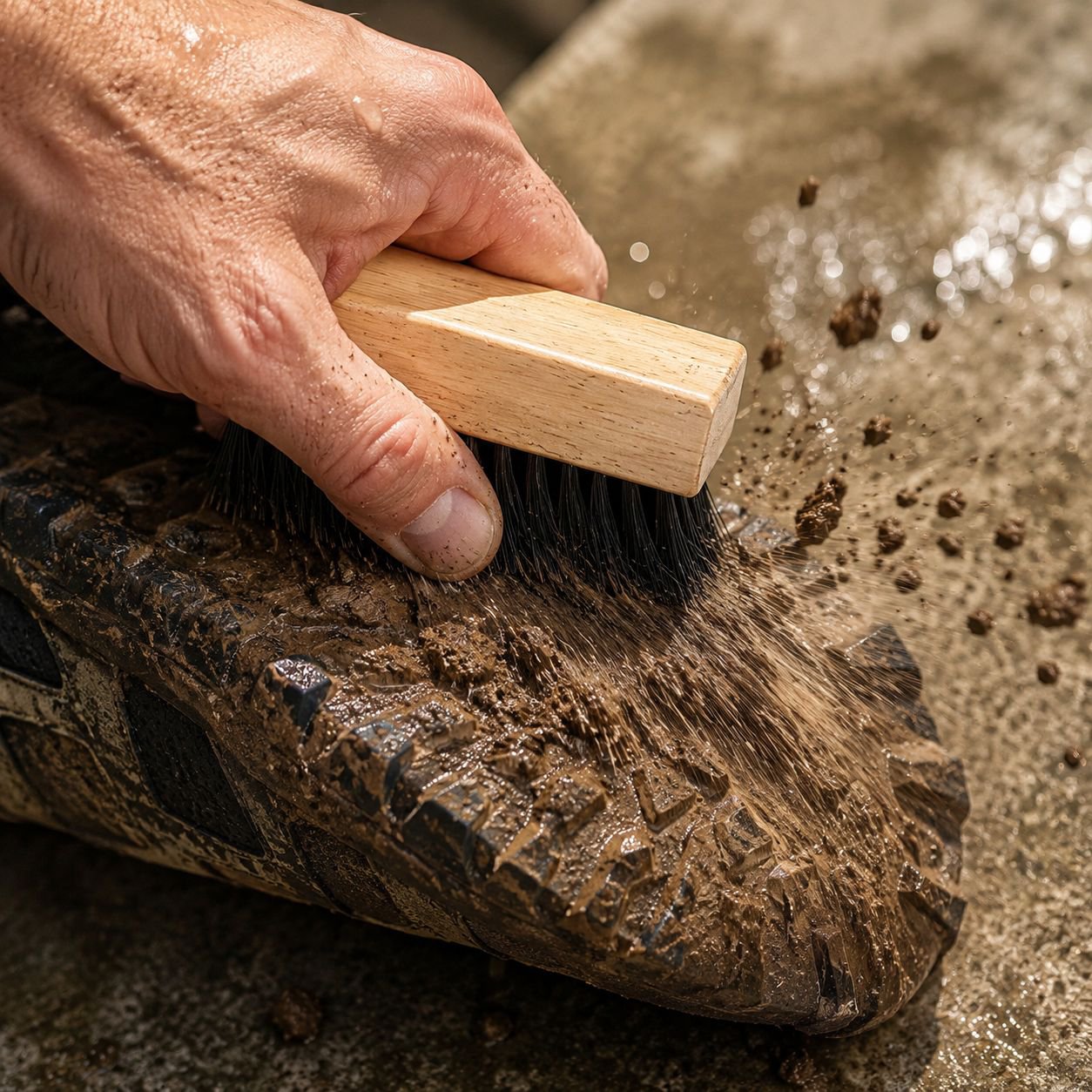 Hand holding natural wooden sneaker cleaning brush