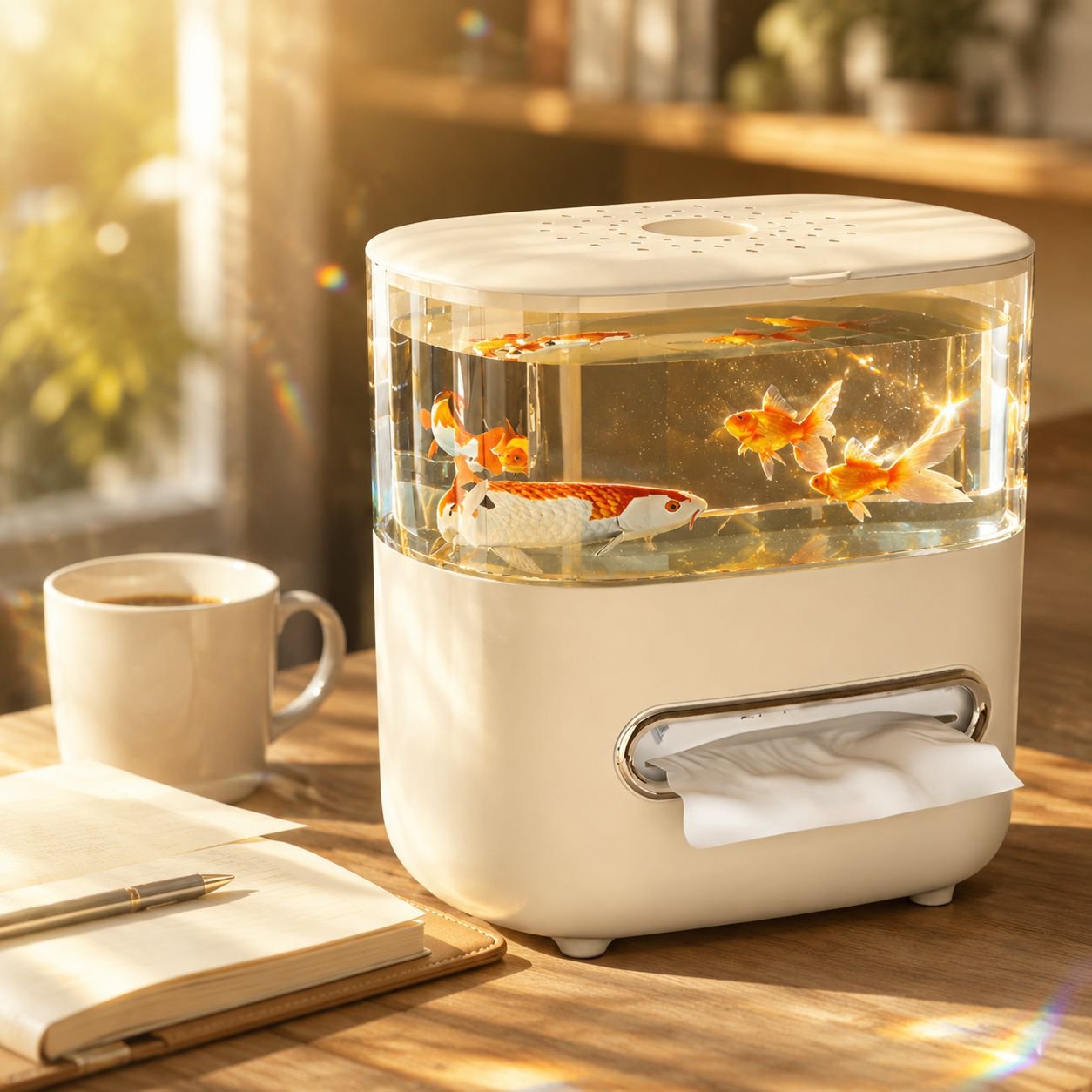 High-value, multi-functional, transparent, fish tank-style desktop tissue box with large capacity an