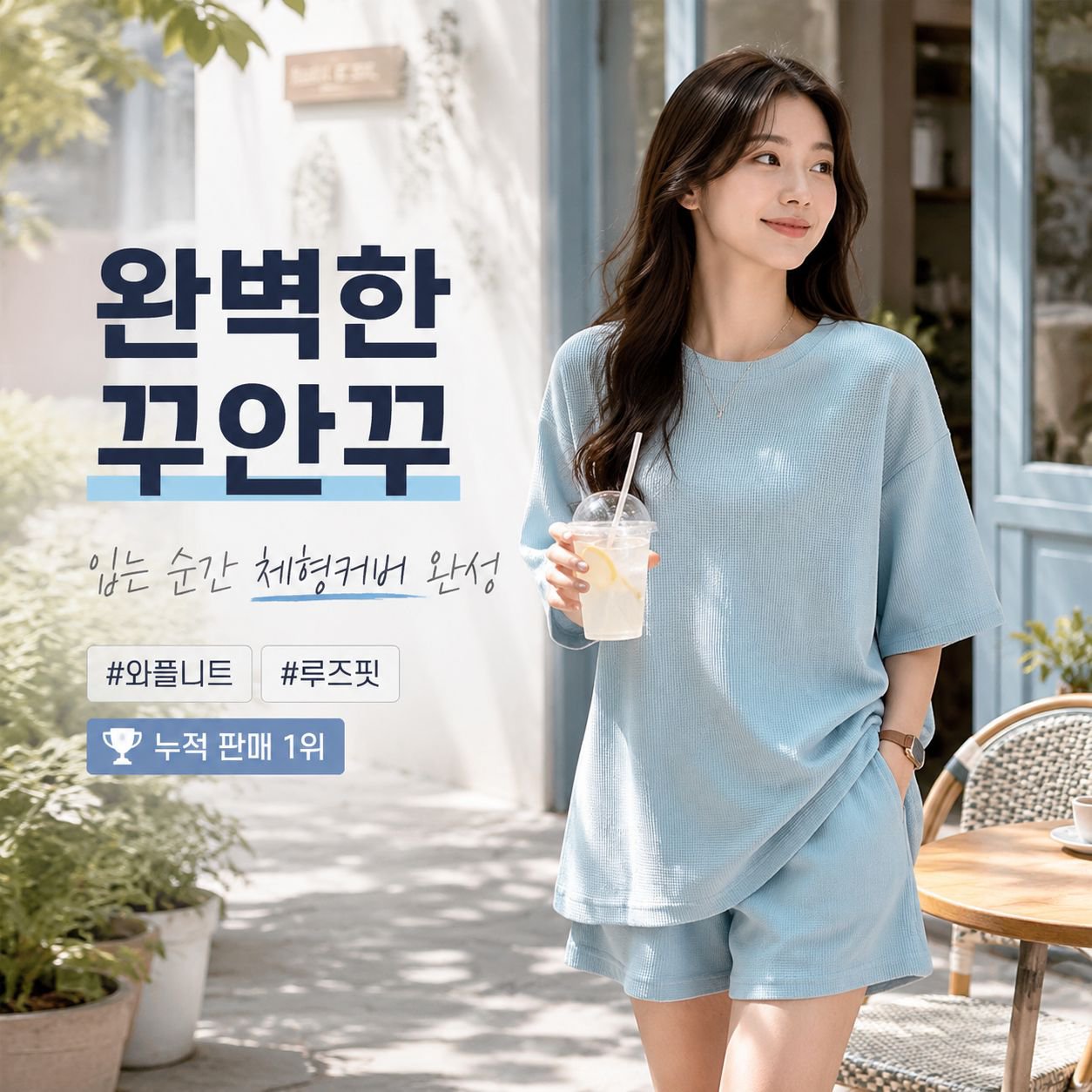 와이드핏 슬림핏 자수 반팔 반바지 세트