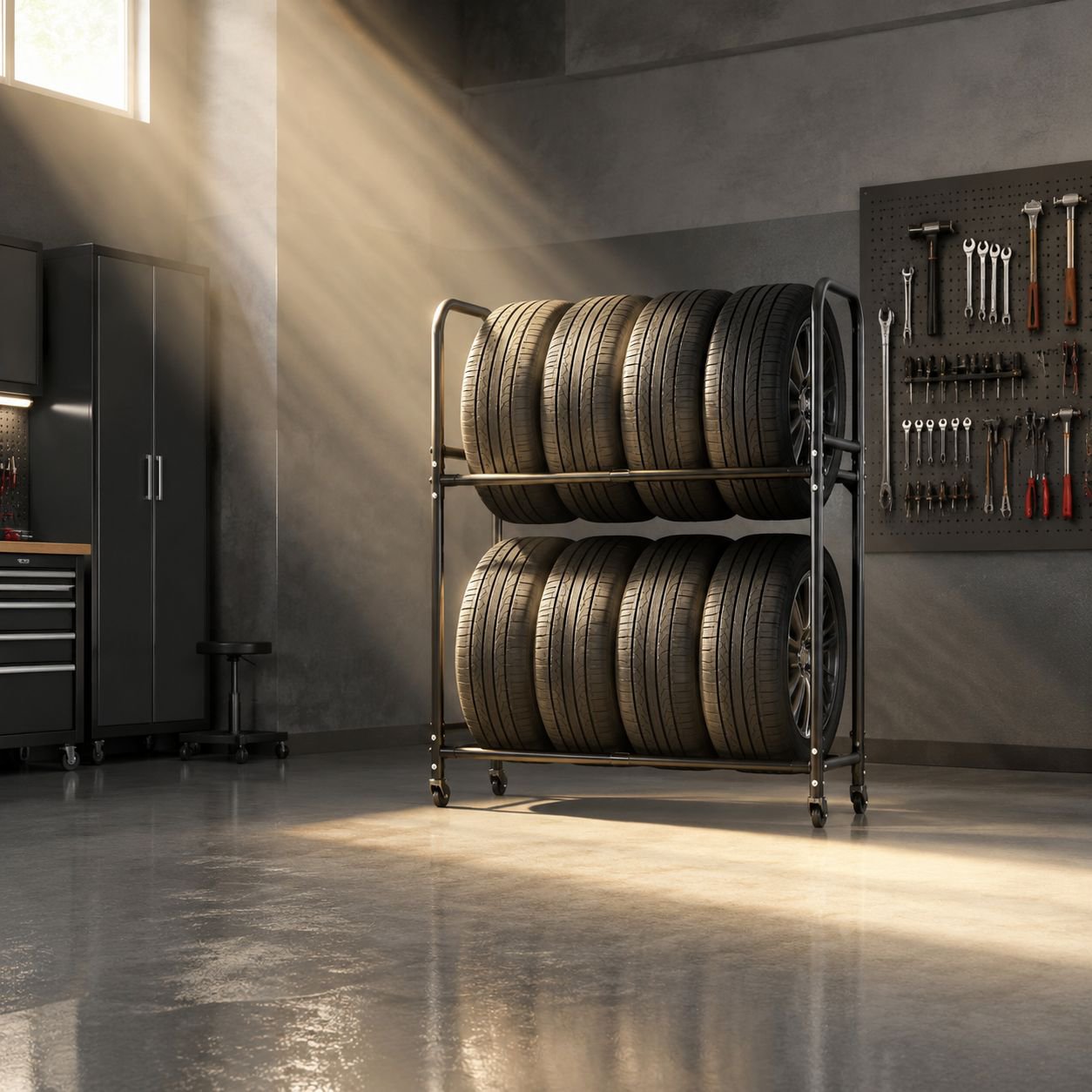 Durable, wide tire rack for seasonal tire storage