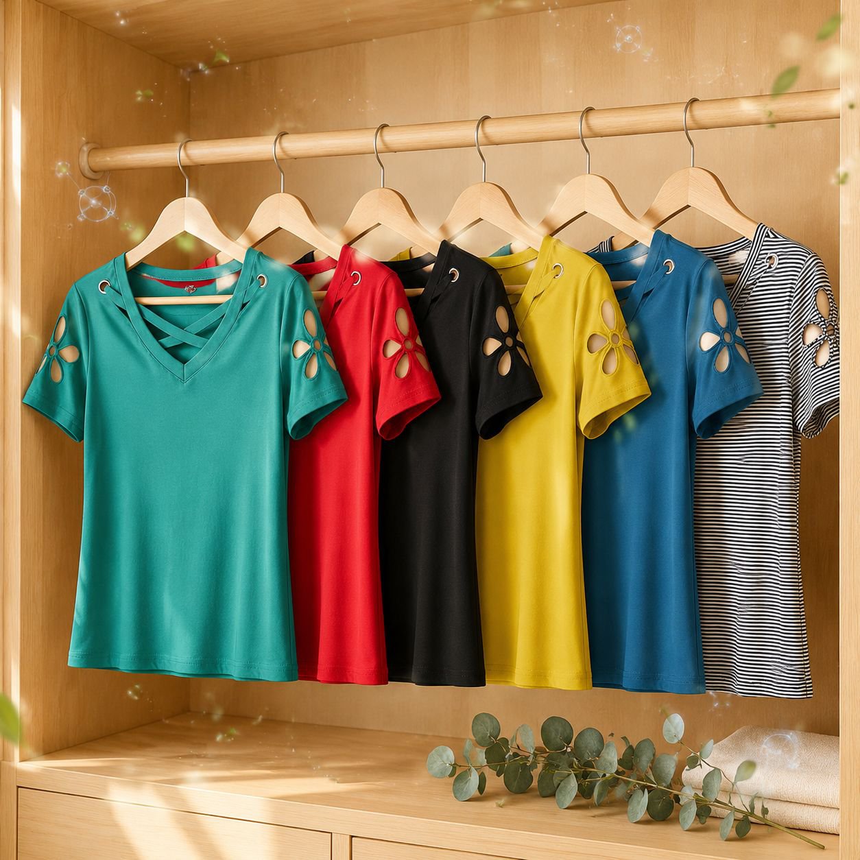夏用刺繍入り透かし彫りVネックゆったりレディース半袖Tシャツ