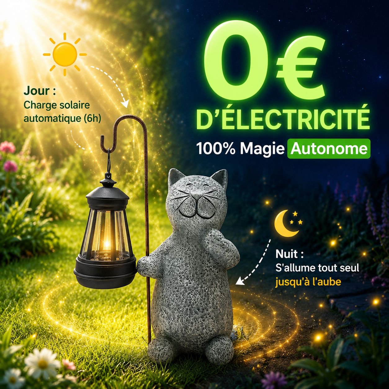 Lampe décorative solaire en forme de chat pour jardin extérieur