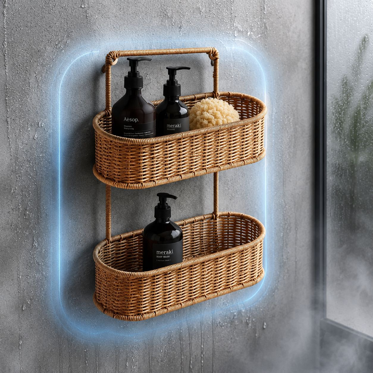 Bathroom organizer rack holding bottles and soap