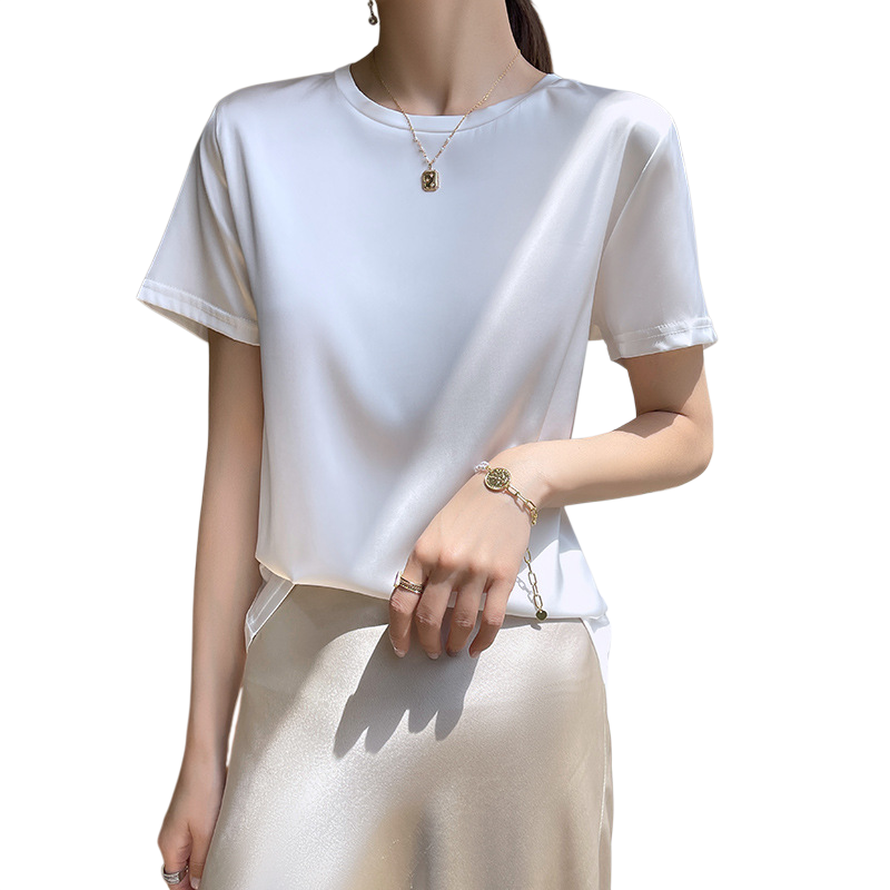 여하 루즈핏 뽕나무 실크 새틴 티셔츠 여 반팔 라운드 반팔 여름 여복 레깅스 아세트산 새틴 티셔츠
