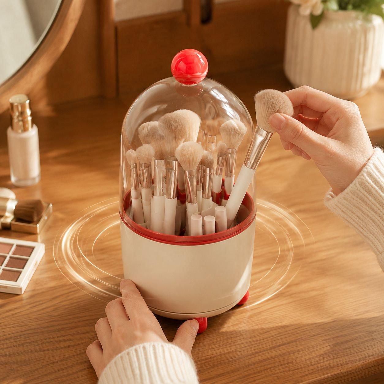 Transparent light luxury desktop cosmetic organizer with rotating bucket