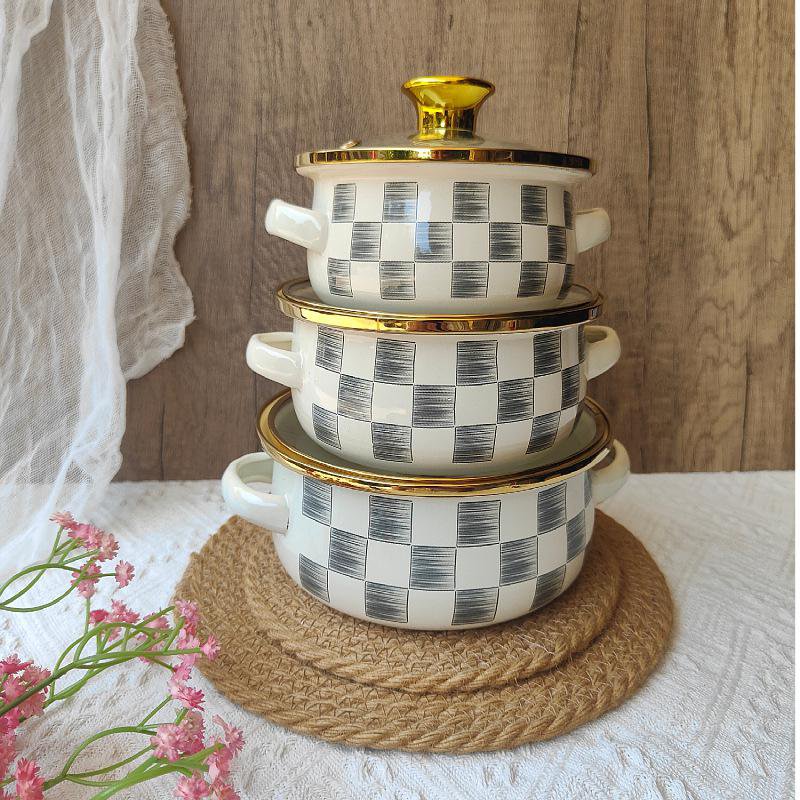 Enameled 3-piece Instant Noodle Pot Set, Gray and White Checkered Flat Bottom Double Handle