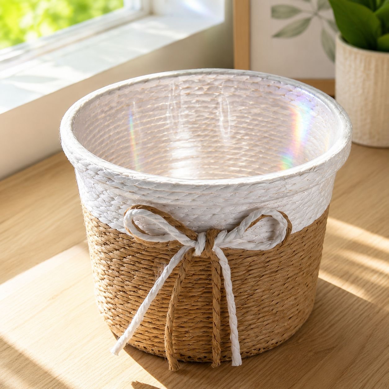 Close-up of handwoven paper rope texture on planter cover