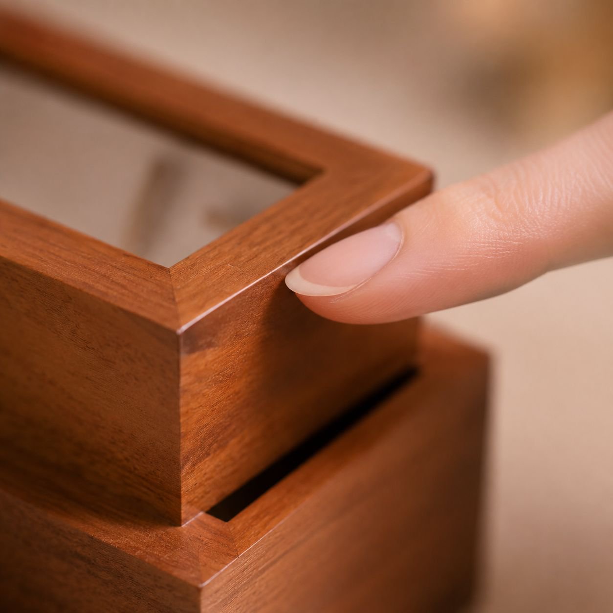 Spacious wooden box holding makeup and jewelry