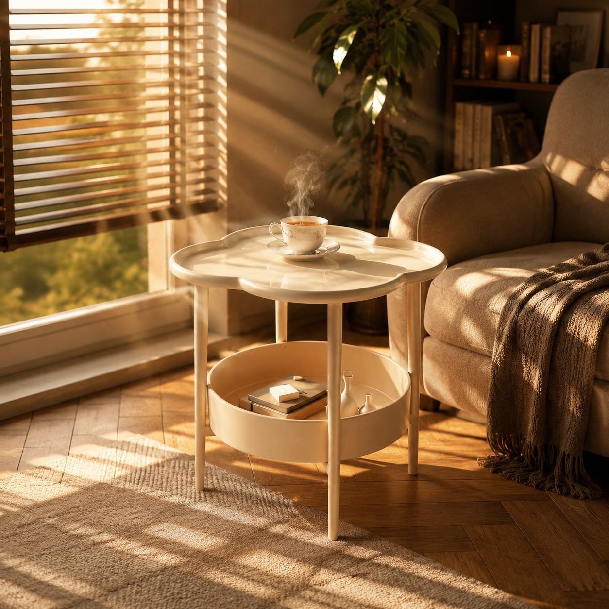 Small cream coffee table with decorative items
