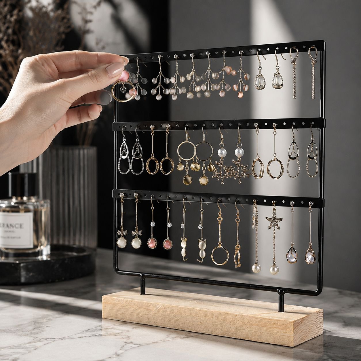 Jewelry display rack, solid wood and wrought iron earring holder, home earring storage, jewelry rack