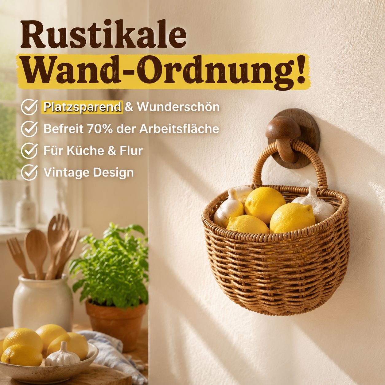 Wandhängender Rattan-Optik Aufbewahrungskorb, Kleiner Korb für Gemüse und Obst