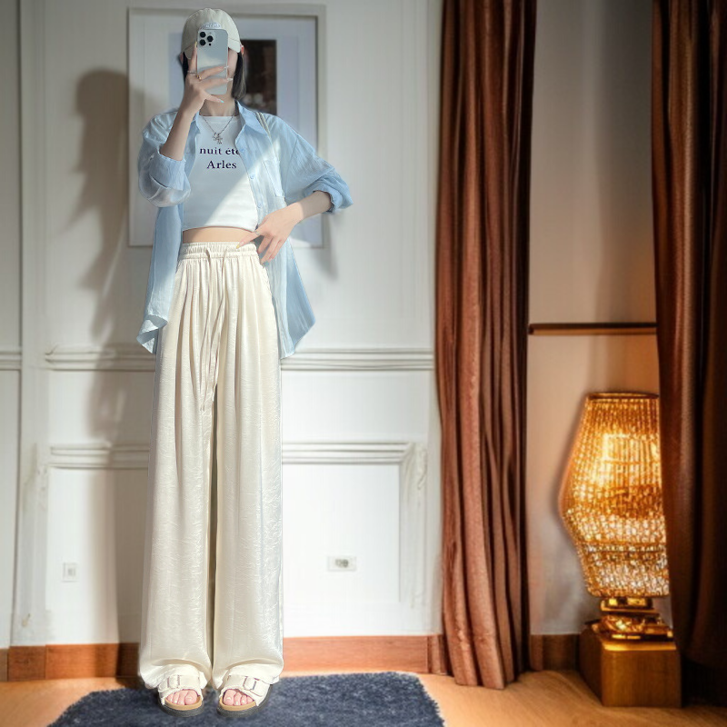 하이웨스트 슬림핏 와이드 팬츠 여성 캐주얼 스타일