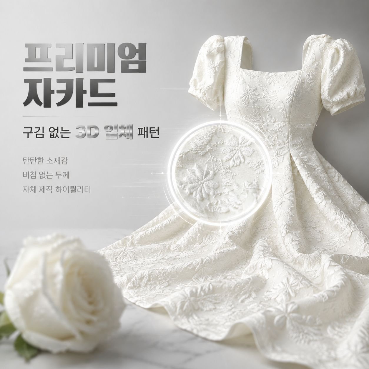여성 스퀘어넥 자카드 솔리드 퍼프 A라인 원피스