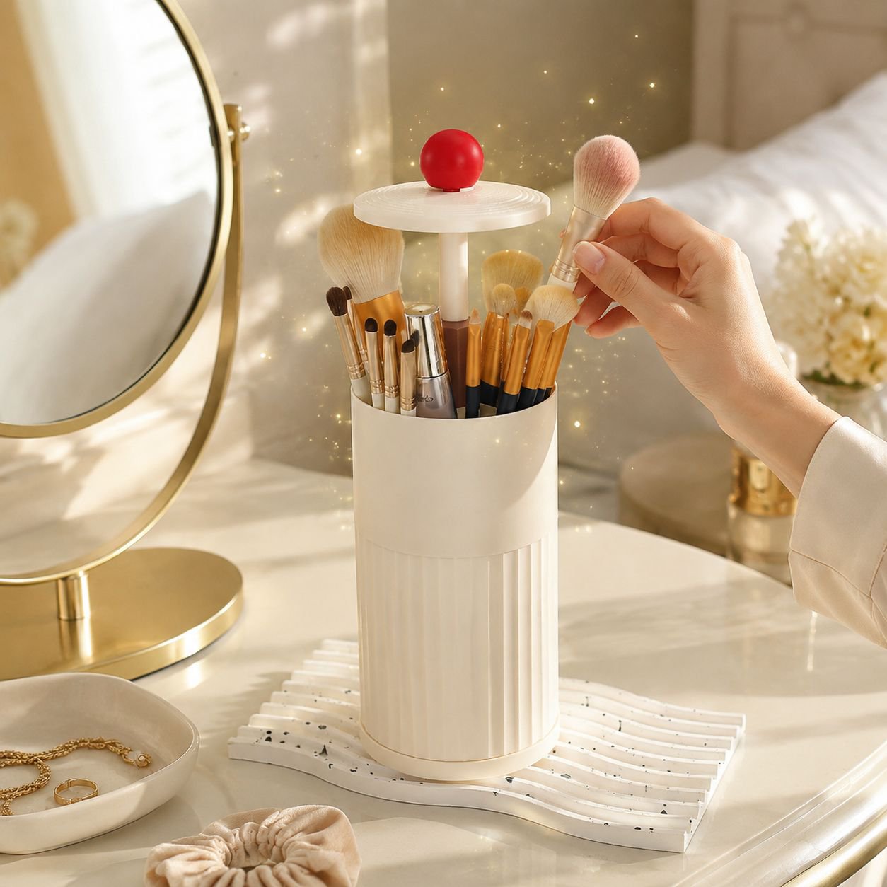 Automatic Cosmetic Organizer with Dustproof Lid and Brush