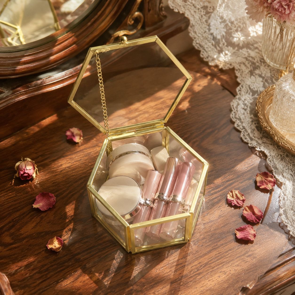 Hexagonal gold glass jewelry storage box for rings
