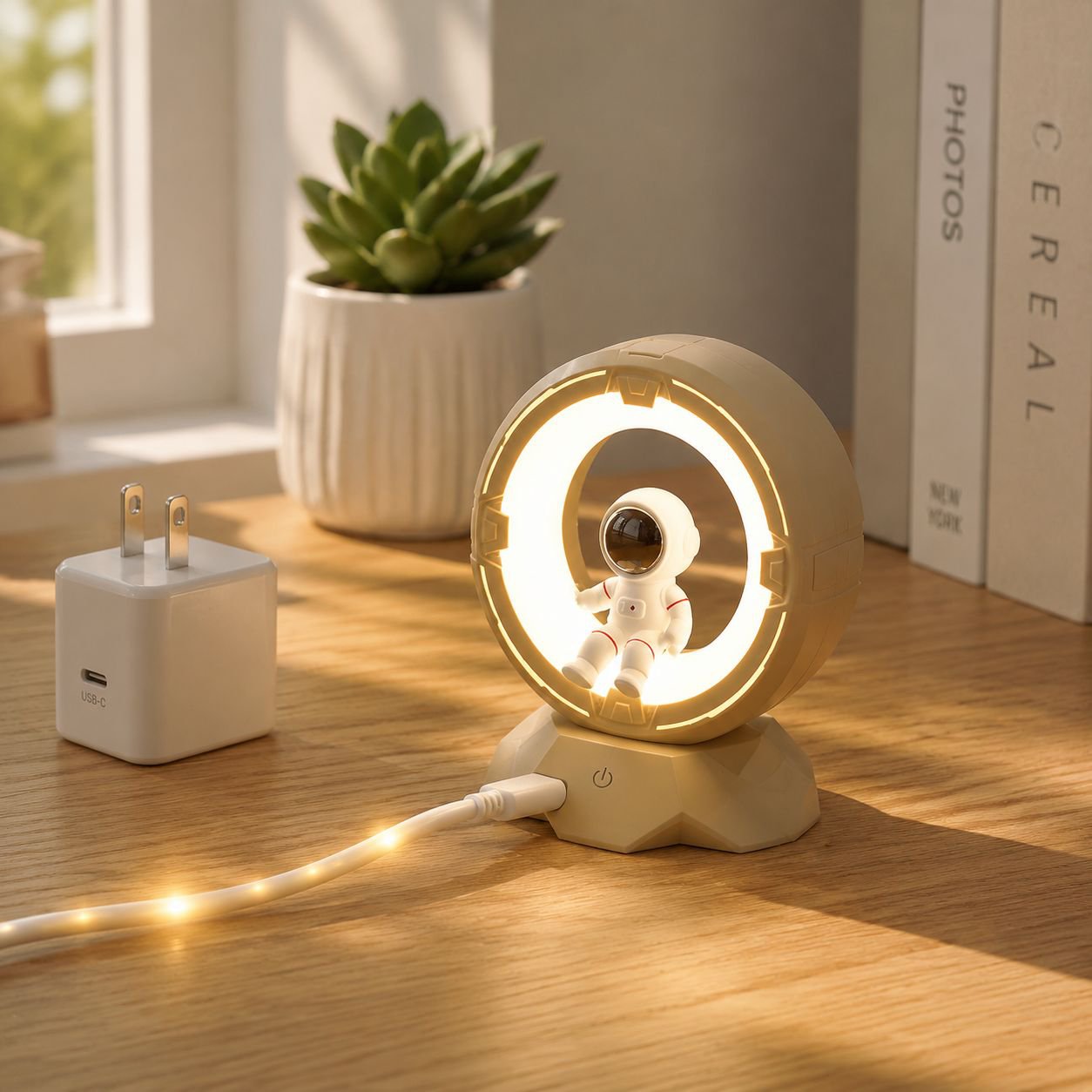 Close-up of cute astronaut LED night lamp