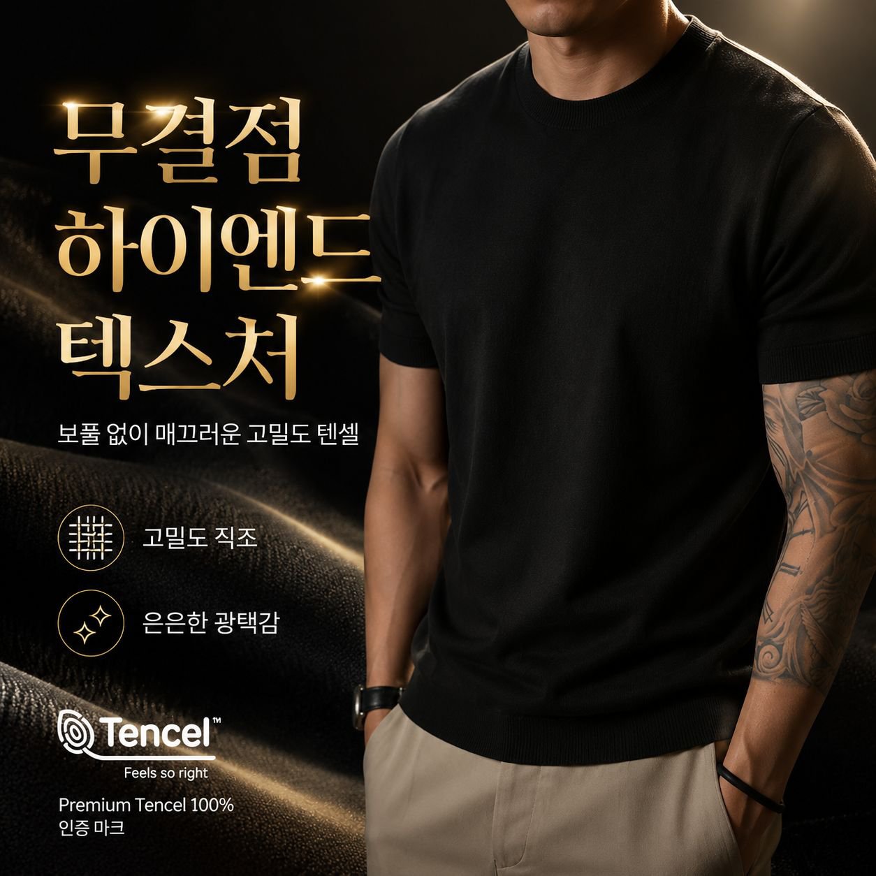 텐셀 남성 쿨링 통기성 슬림 반팔 하이넥 티셔츠