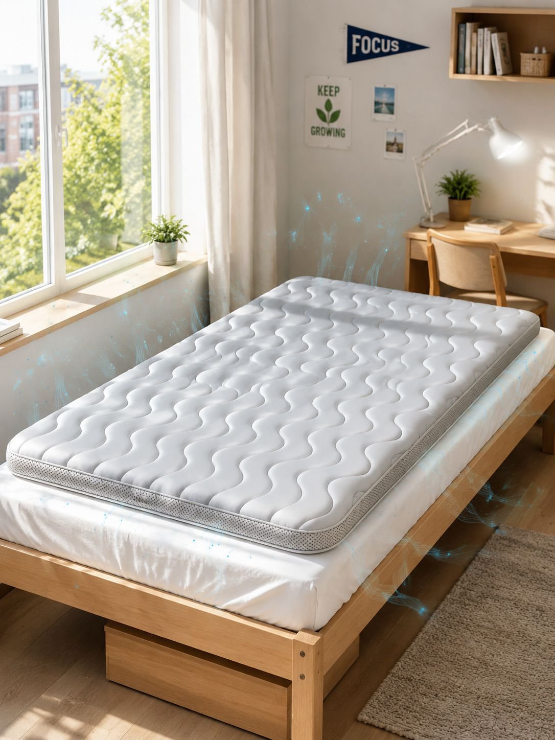 Comfortable dormitory bunk bed mattress in a college room