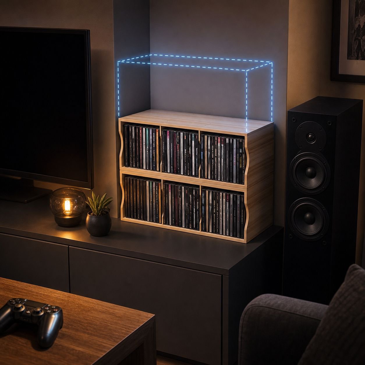 Easy-access floor-standing DVD shelf
