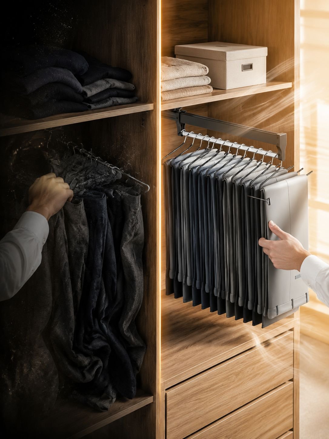 Top mount retractable closet organizer in modern wardrobe