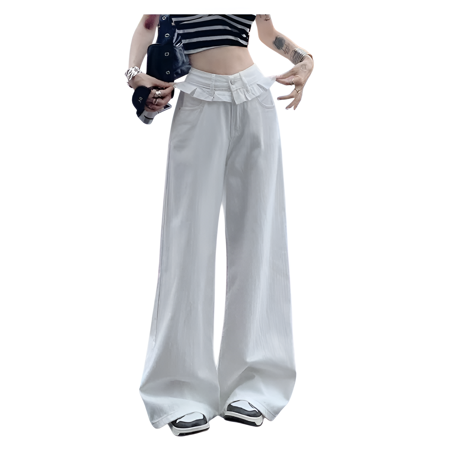 ハイウエストフリル付きワイドパンツ レディース