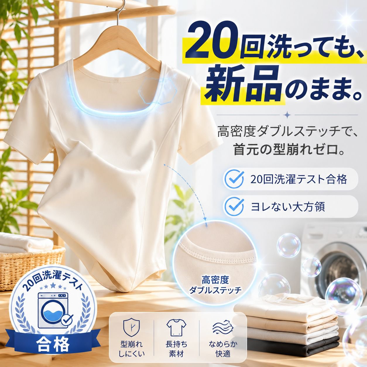 レディース夏スクエアネック無地スリム半袖Tシャツ