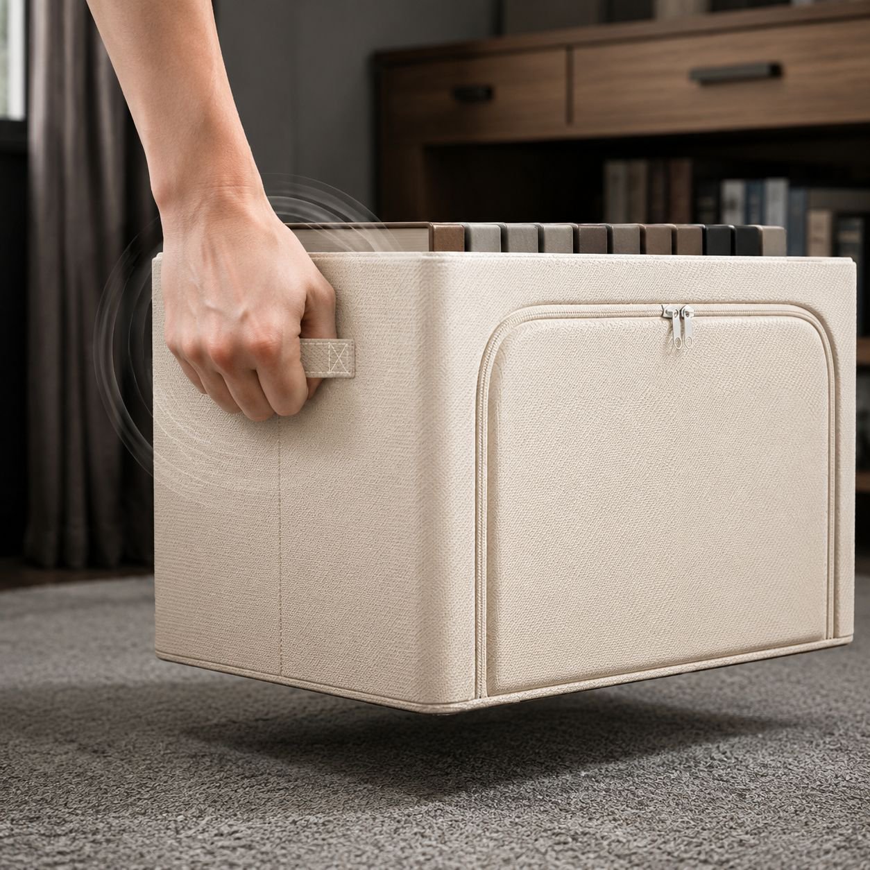 Foldable storage container storing books and magazines