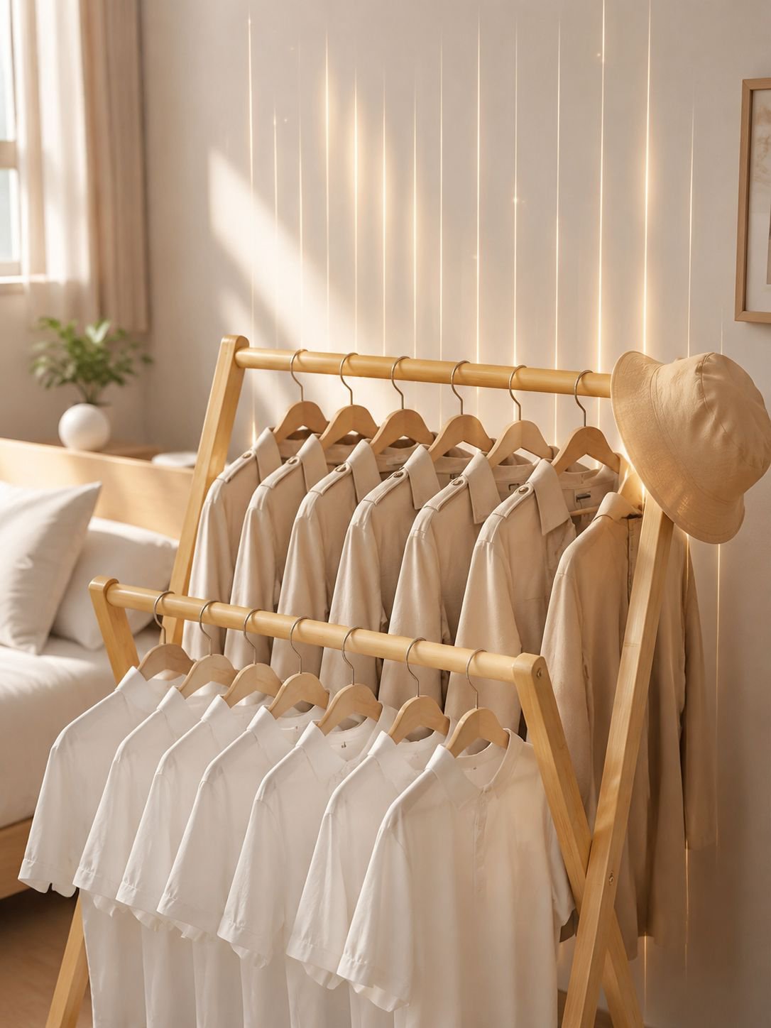 Simple bamboo indoor clothes hanger on white background