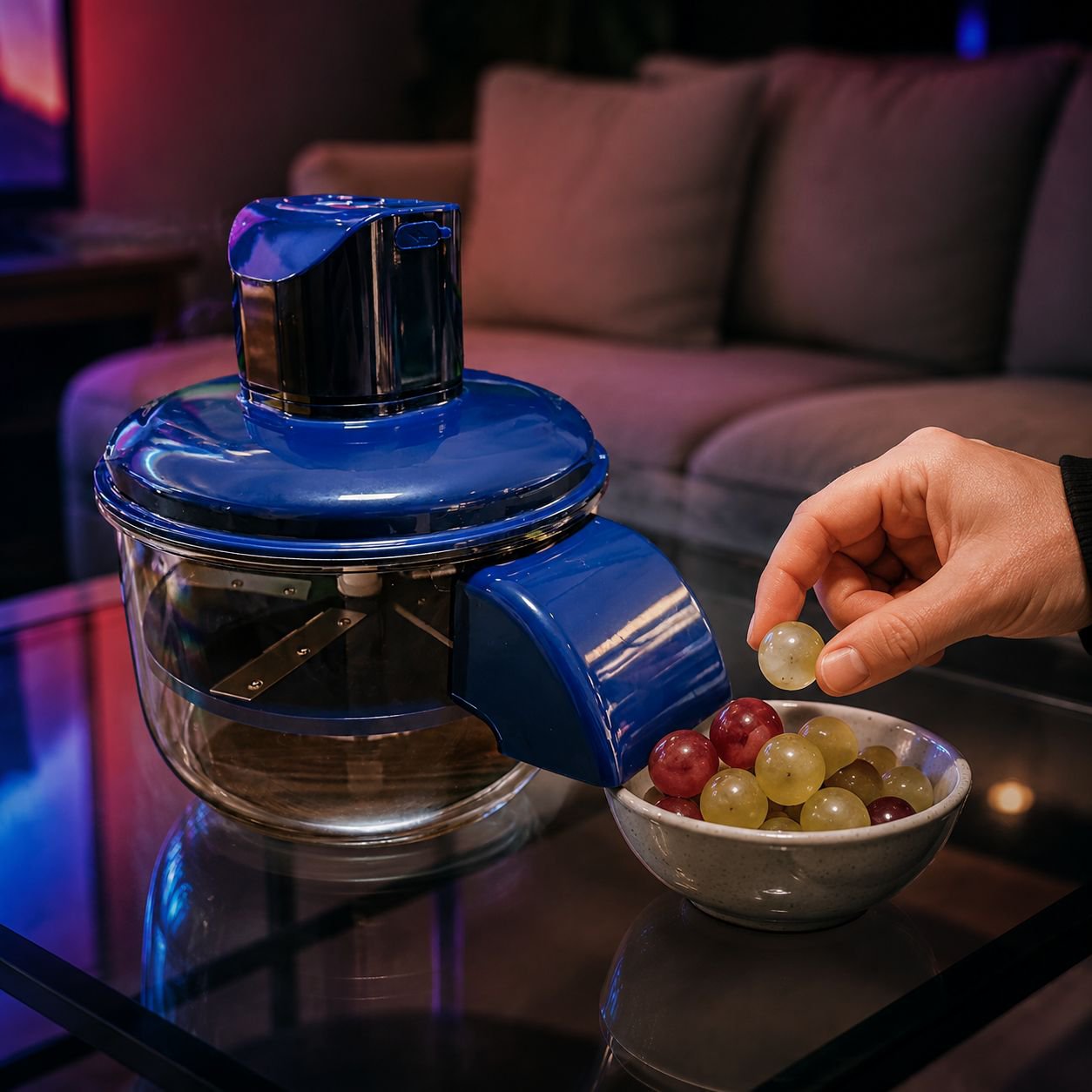 Electric grape peeler with peeled grapes in bowl