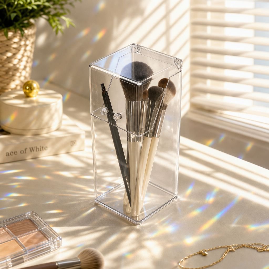 Flip-top acrylic pen holder, transparent square desktop organizer, mirror cabinet makeup brush stora