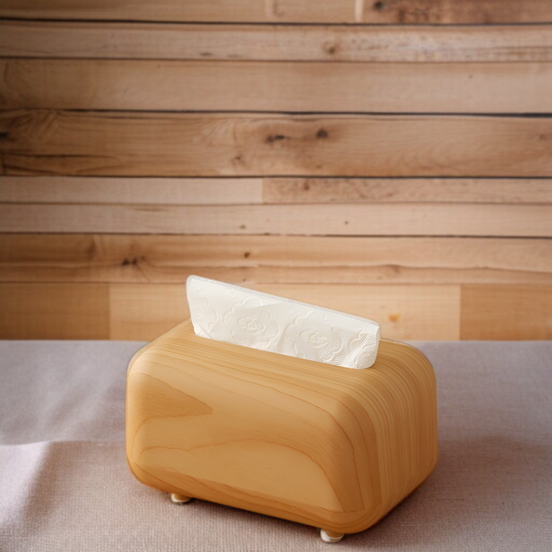 原木風デザインの卓上ティッシュボックス使用イメージ