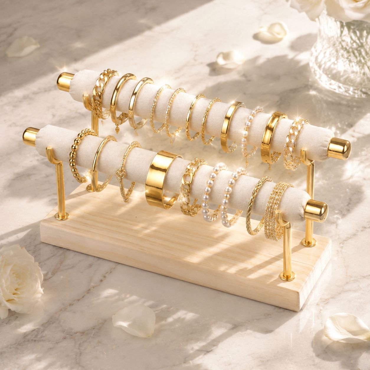Doppelschichtiger Schmuckhalter aus Massivholz für Ringe und Ohrringe