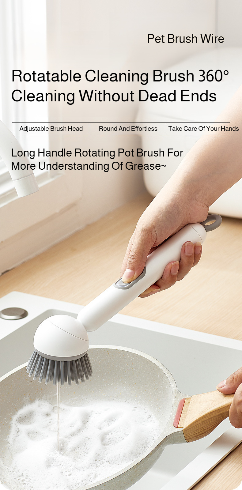 Long handle pot brush for kitchen cleaning