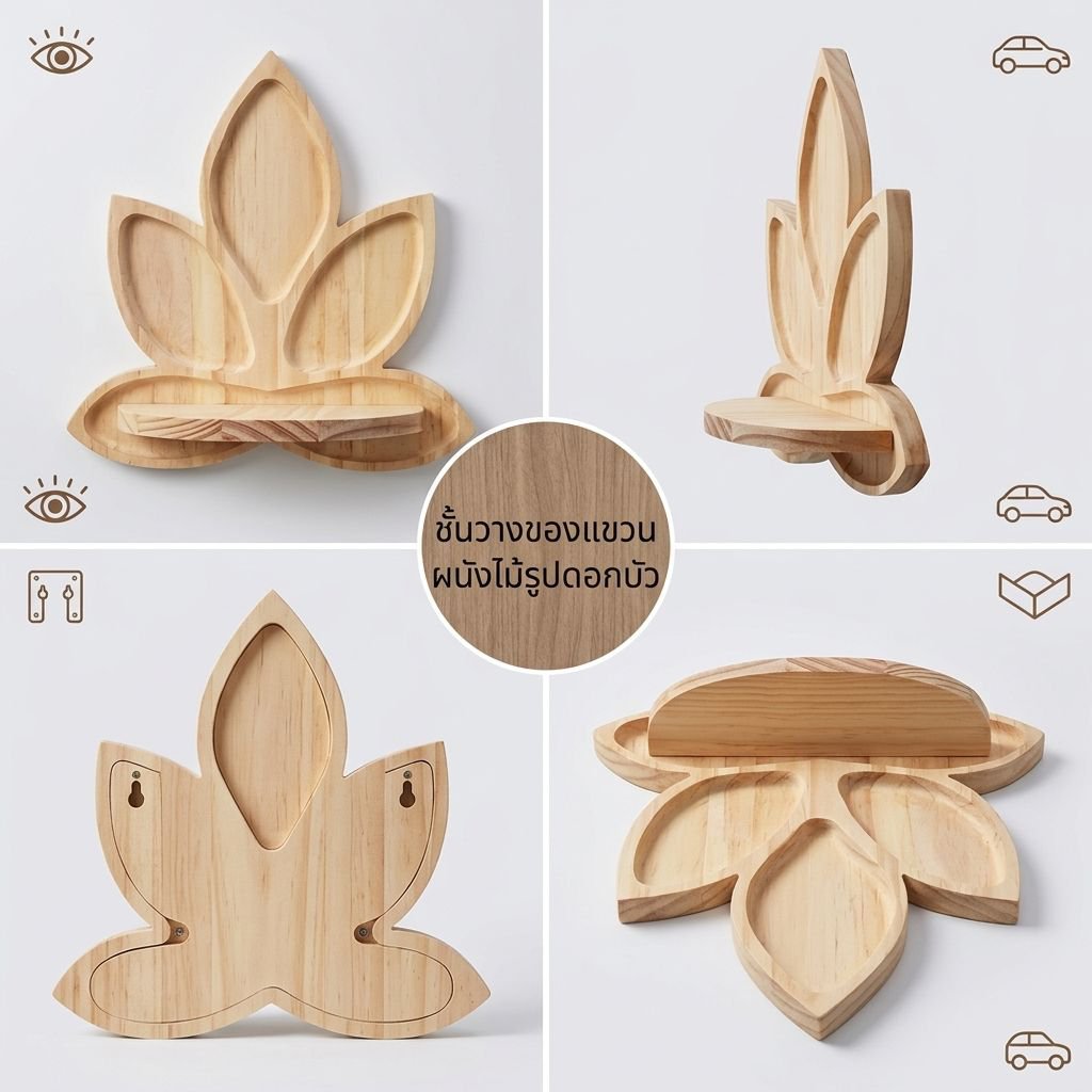 ชั้นวางของติดผนังรูปทรงดอกบัว ทำจากไม้เนื้อแข็ง