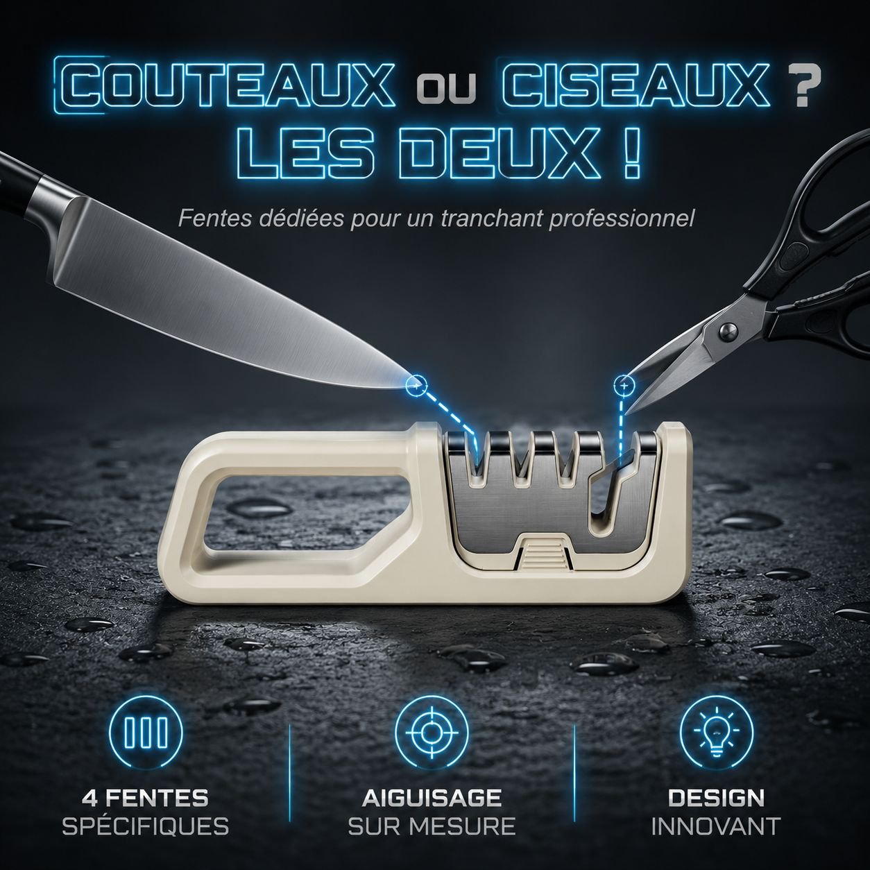 Affûteur de couteaux multifonction 4-en-1 pour cuisine, affûtage rapide pour couteaux de chef