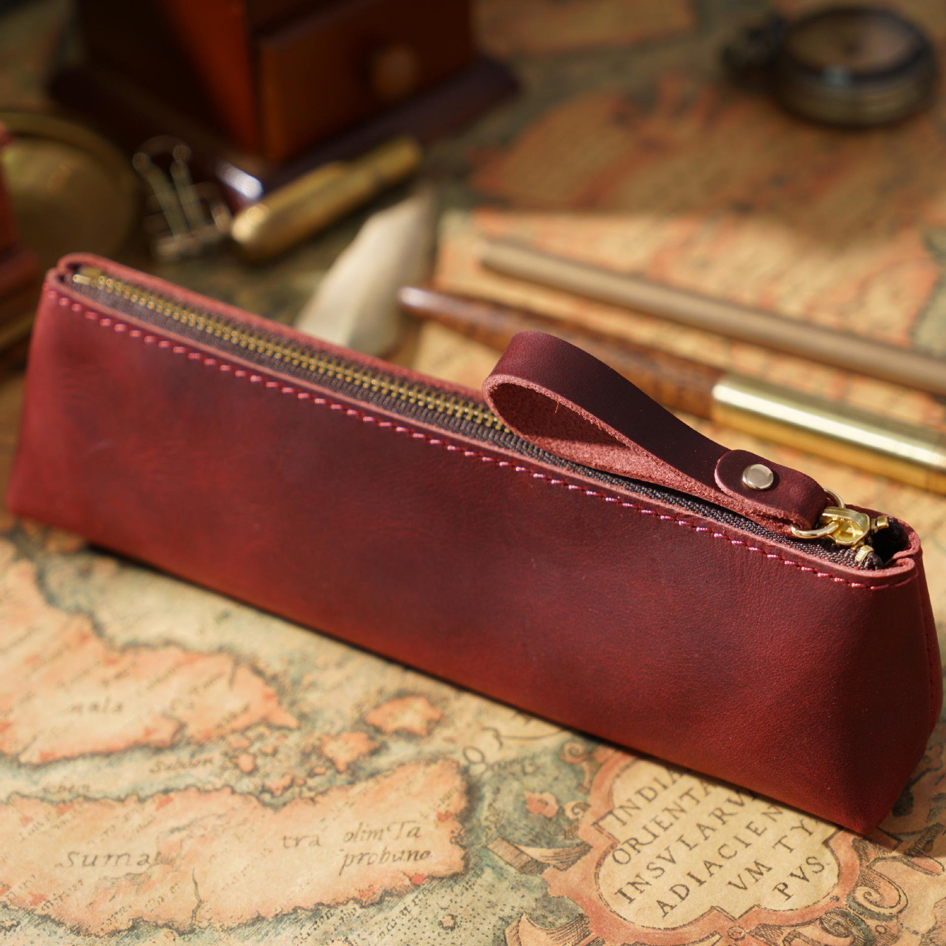 New retro crazy horse leather zipper pencil case
