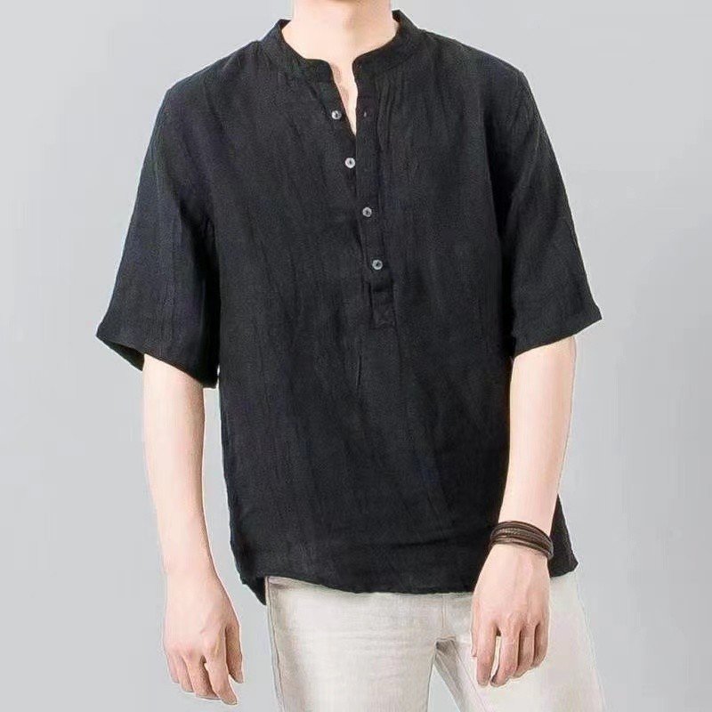高端亞麻男士短袖T恤 夏季寬鬆薄款休閒上衣