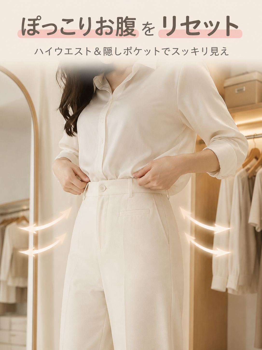 Monolly シワになりにくいクラウドコットン9分丈ワイドパンツ