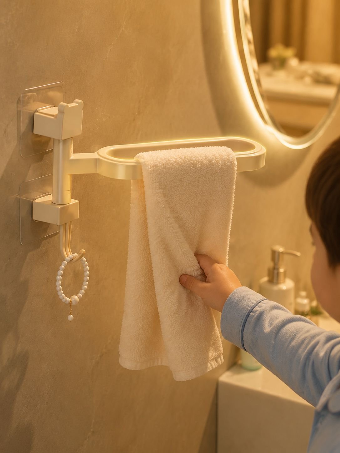 Organized towels on a waterproof bathroom rack