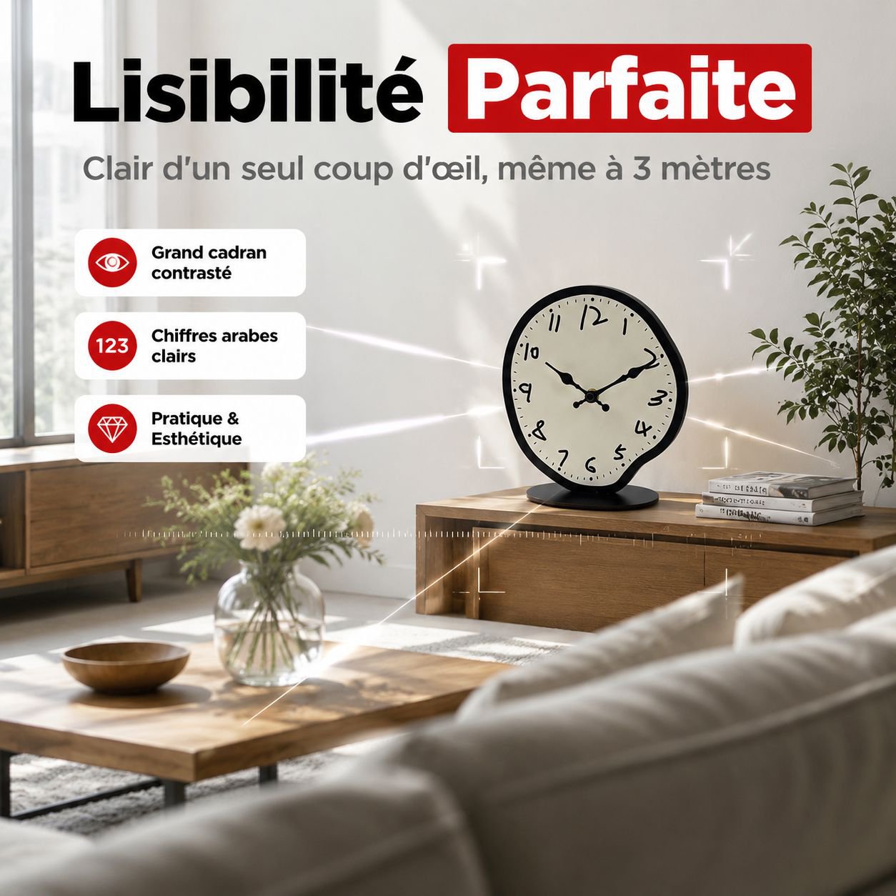 Horloge de bureau décorative en bois style nordique, silencieuse