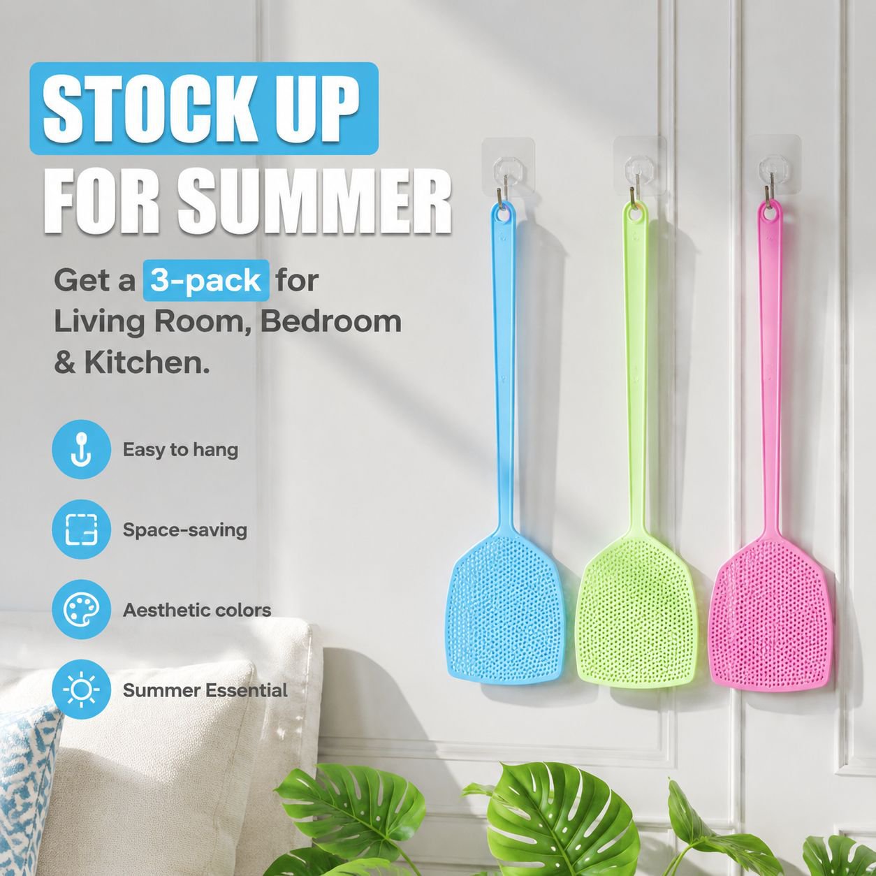 Durable Plastic Fly Swatter with Extended Handle for Home Use