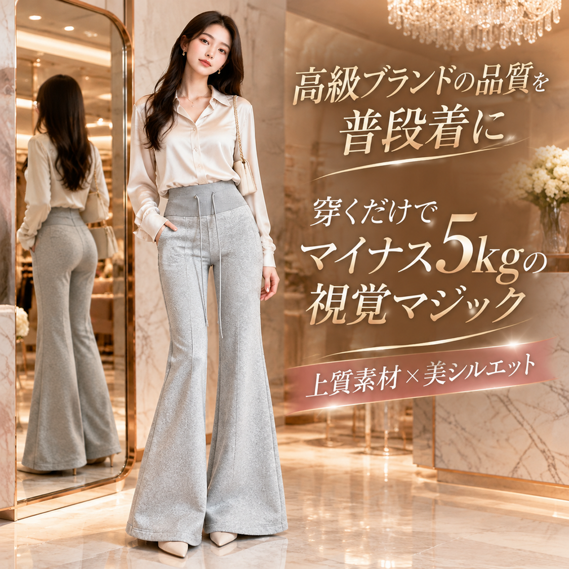 スリムに見えるハイウエストフレアスウェットパンツ
