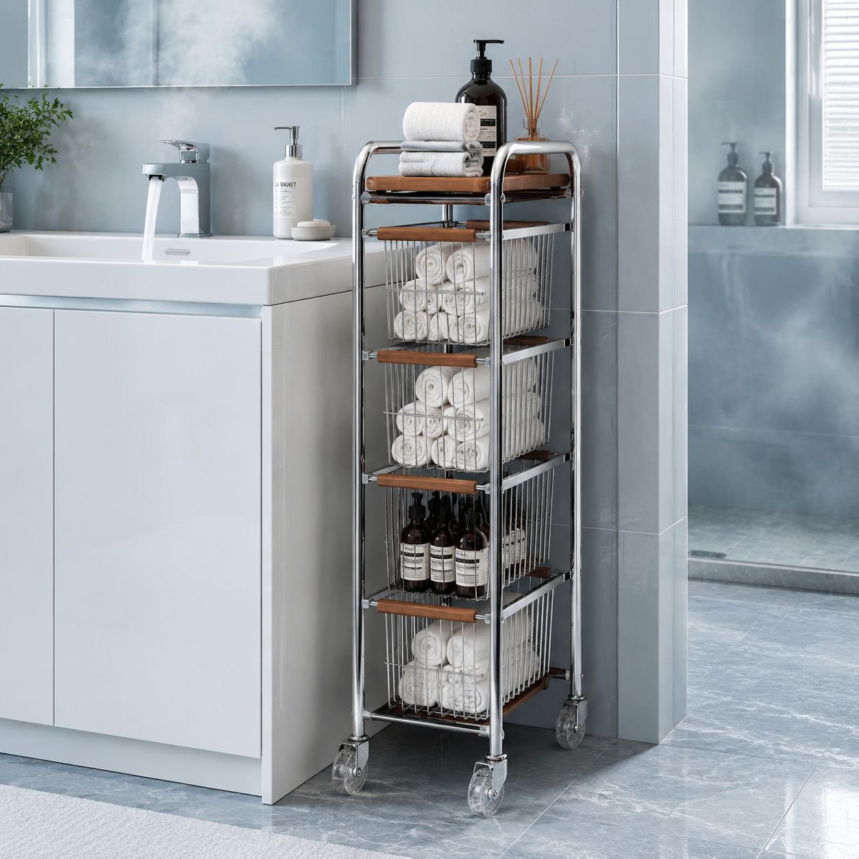 Vintage-style kitchen narrow storage rack, refrigerator side storage rack, trolley, pull-out ultra-n