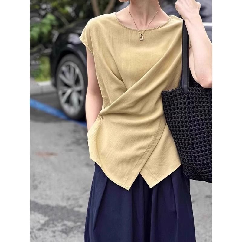 Sleeveless irregular crossed diagonal buckle vest old money style shirt